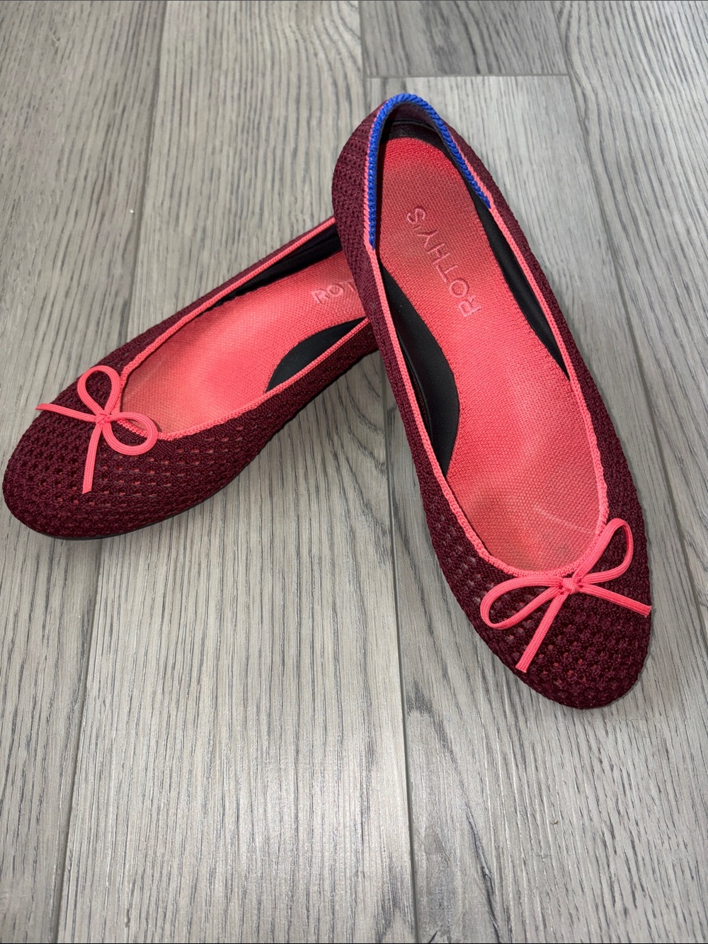 Rothy's Burgundy Knit Ballet Flats with Coral Trim and Bow